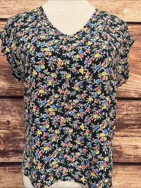 jonathan martin Black Floral V-Neck Short Sleeve Blouse